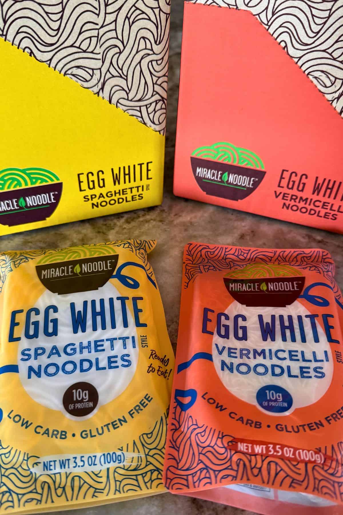 Packages of miracle noodles egg white noodles.
