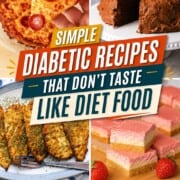 Four images displaying pizza, cake, cutlets and cheesecake with a text overlay with the title.
