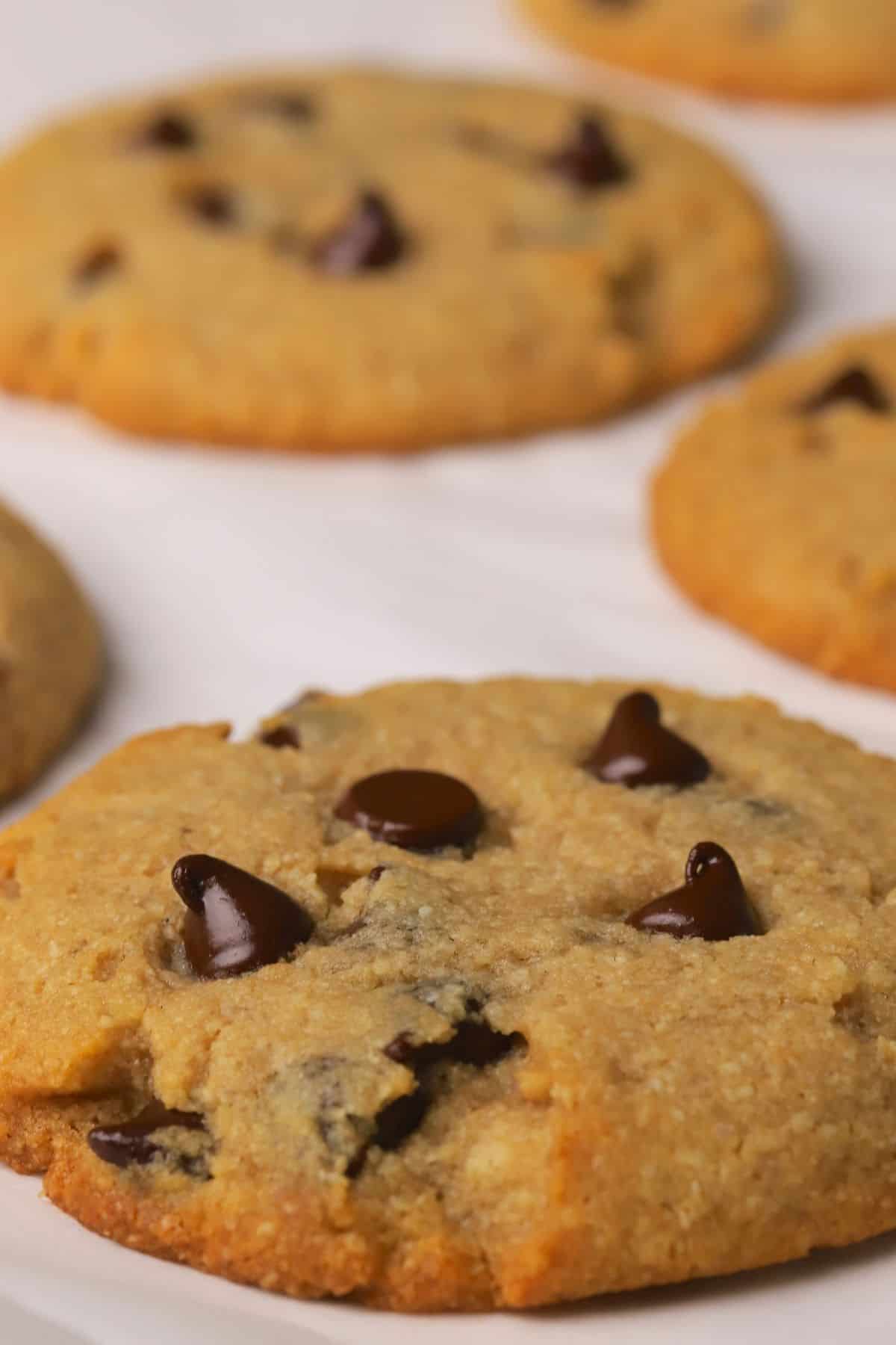 Low carb chocolate chip cookies on a baking tray.