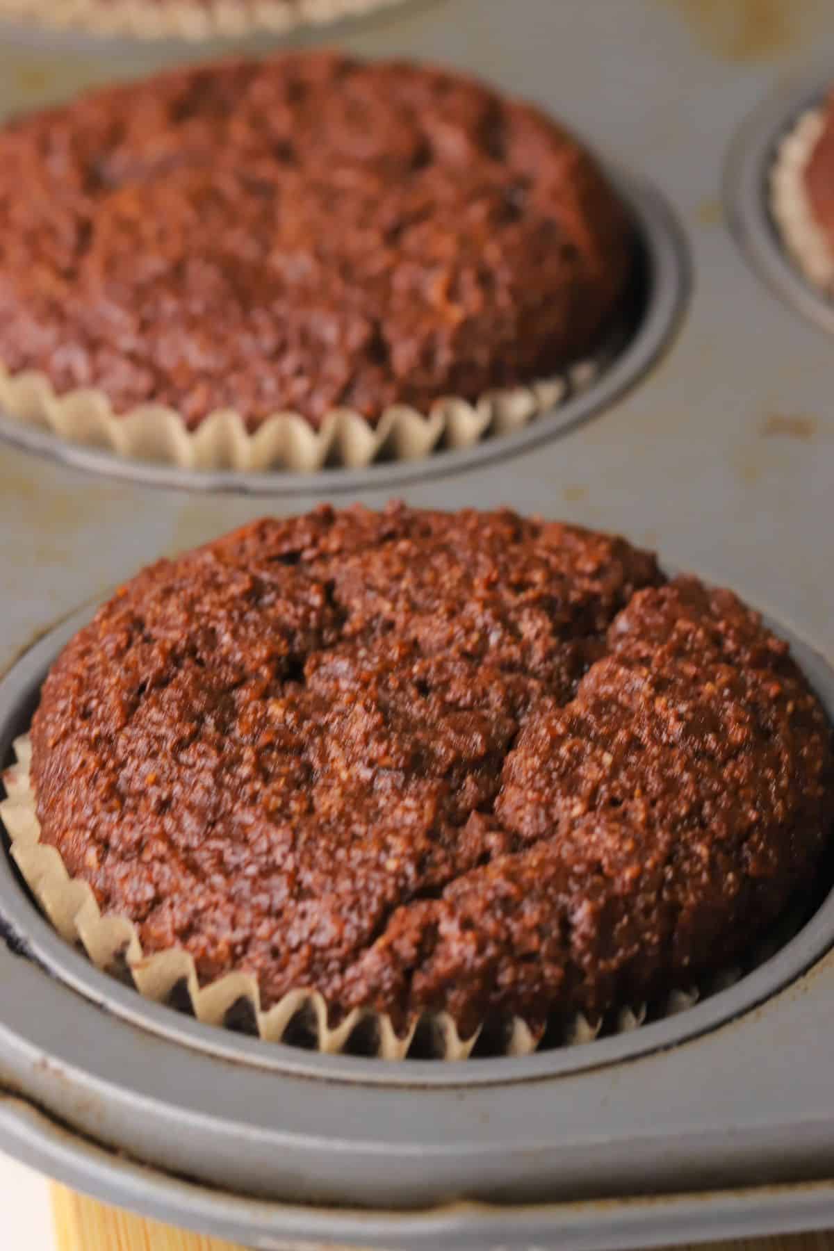 Low carb double chocolate muffin in the muffin tin.