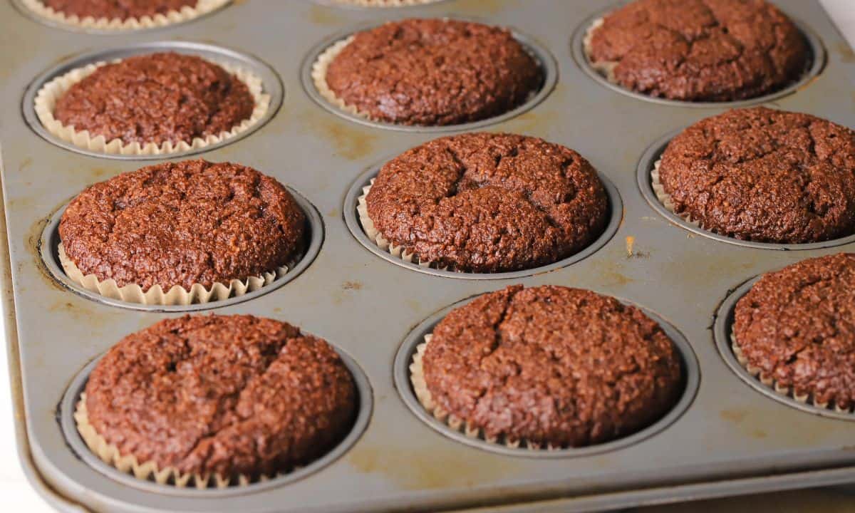 Baked low carb double chocolate muffins in the muffin tin.