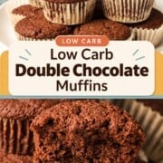 Close up of a low carb double chocolate muffin stacked on top of other muffins.