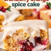 Closeup of a square of the low carb cranberry orange spice cake on a plate with a fork.
