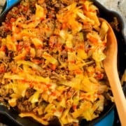 Closeup of the low carb dirty cabbage in a skillet.