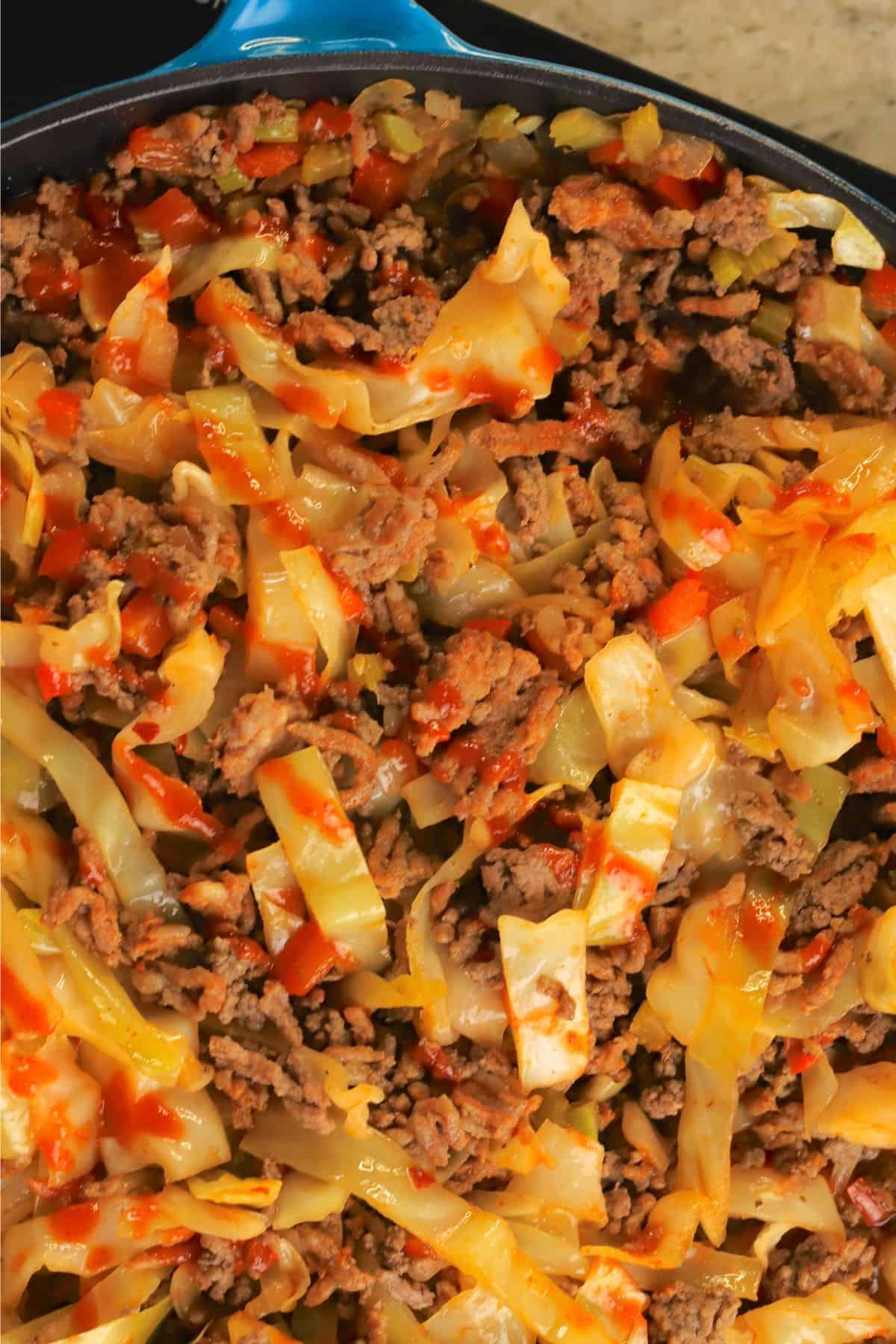 Low carb dirty cabbage in a skillet.