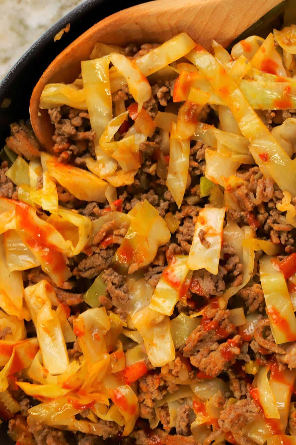 Low carb dirty cabbage in a skillet.