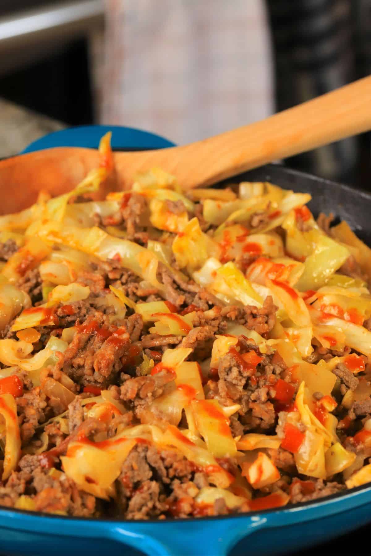 Low carb dirty cabbage in a skillet.