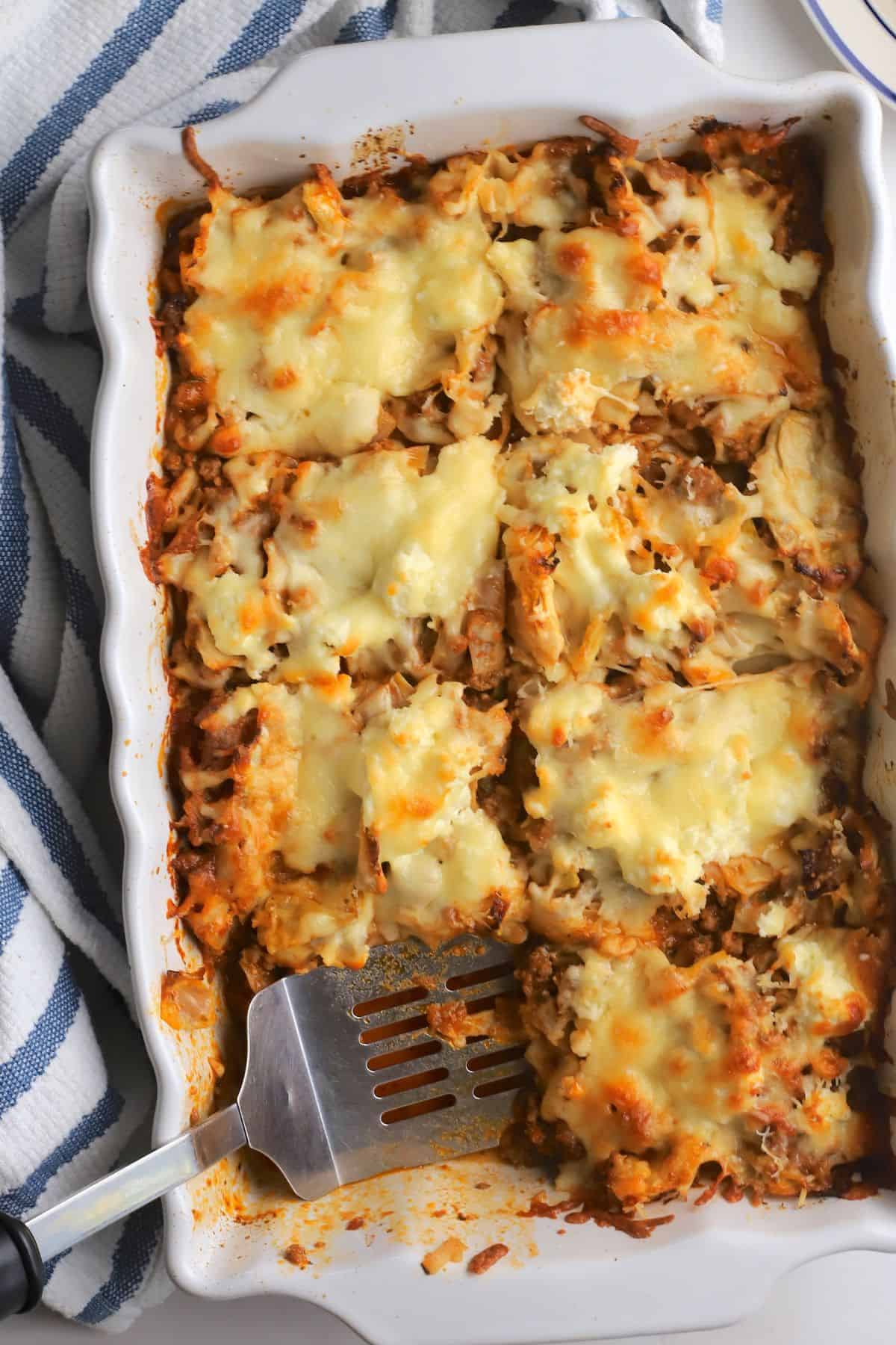 Overhead shot of the low carb italian beef and cabbage cheesy casserole.