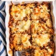 Overhead shot of the low carb italian beef and cabbage cheesy casserole.