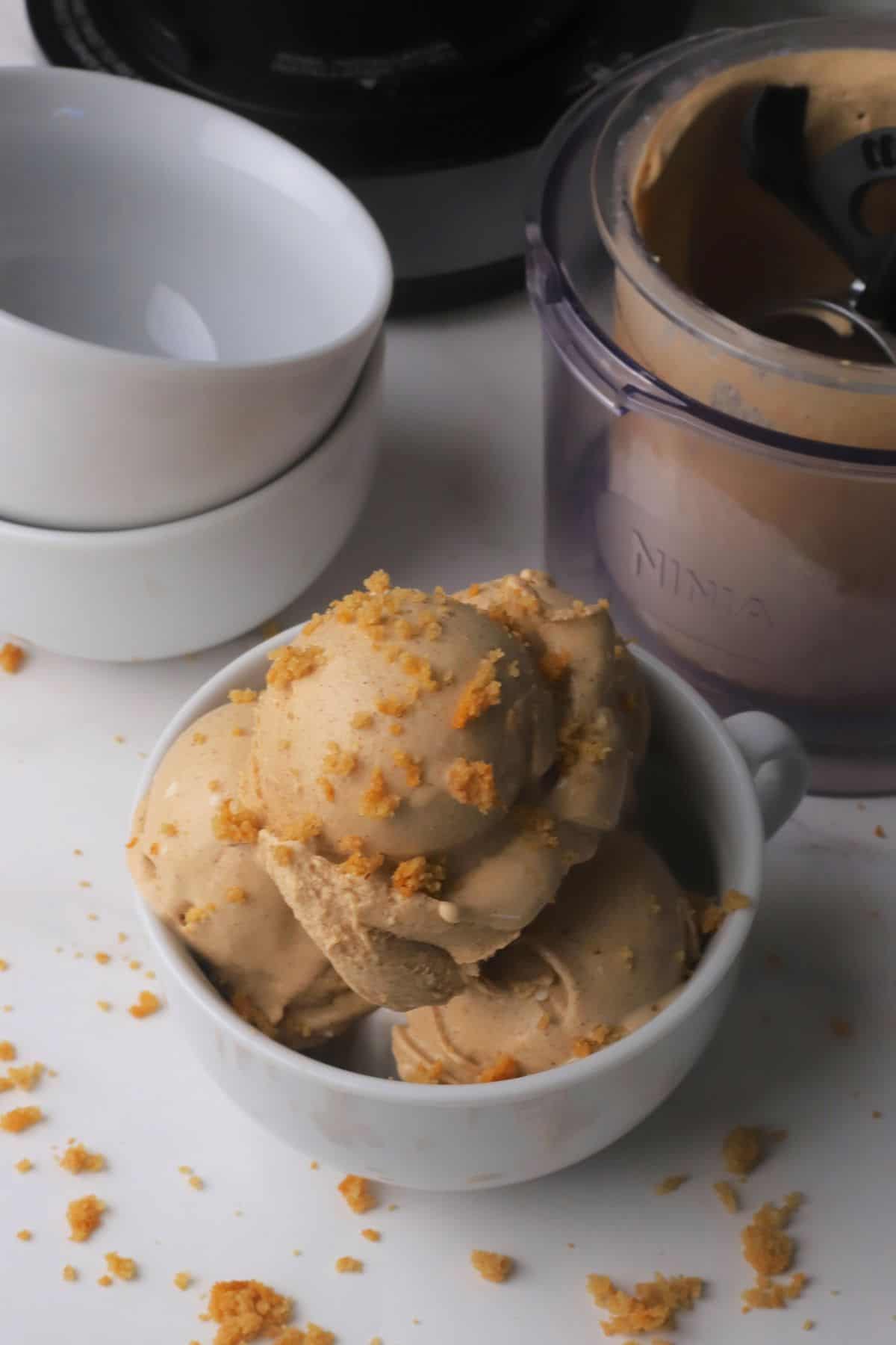 Sugar free snickerdoodle ice cream in a bowl, next to the pint of ice cream.